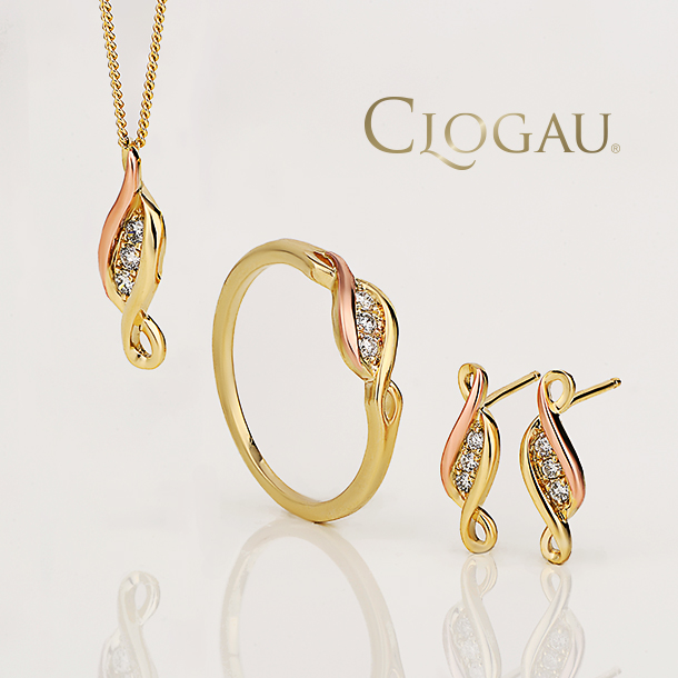 Image of a pendant, ring and pair of earrings from the Clogau jewellery collection