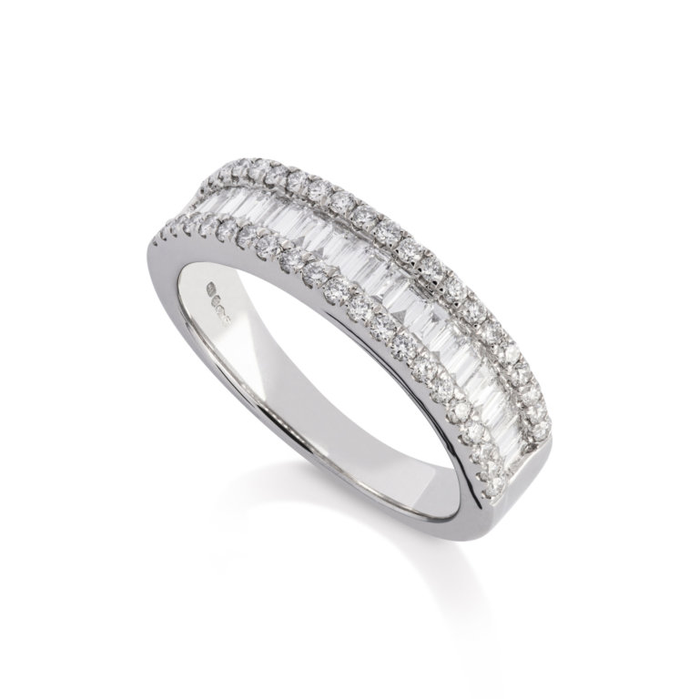 Image of a Baguette and Round Brilliant Total 1.00ct Diamond Three Row Ring in platinum