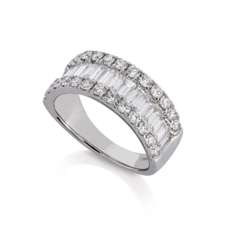 Image of a Baguette and Round Brilliant Total 2.06ct Diamond Three Row Ring in platinum