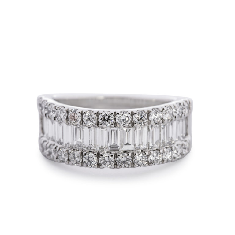 Baguette and Round Brilliant Total 2.06ct Diamond Three Row Ring