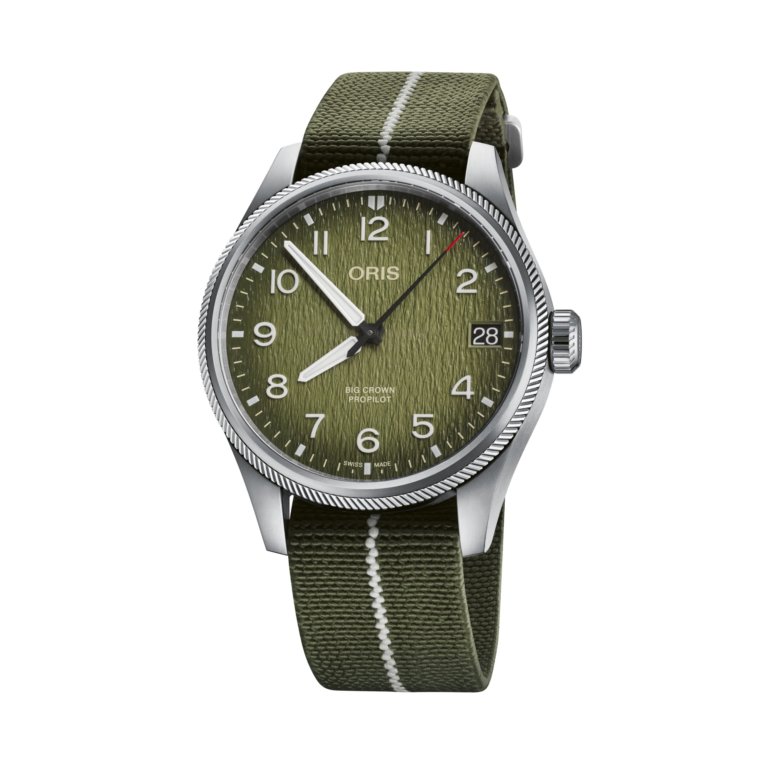 Image of an Oris Okavango Air Rescue Limited Edition Watch with green dial and green textile strap
