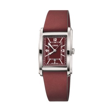 Image of an Oris Rectangular Watch with red dial and red strap