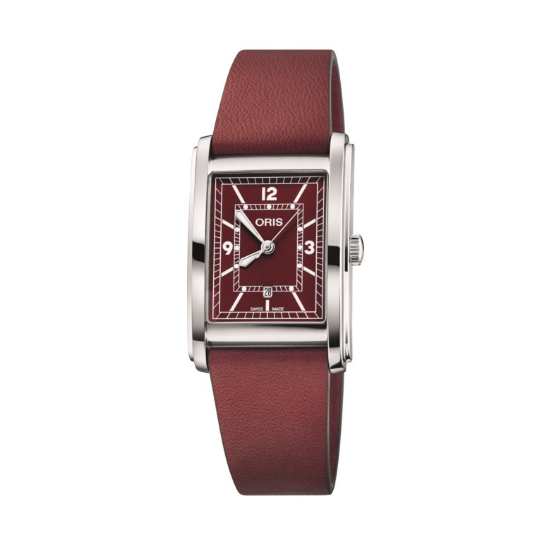 Image of an Oris Rectangular Watch with red dial and red strap
