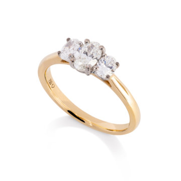 Image of an oval Brilliant Cut 0.79ct Diamond Three Stone Ring in yellow and white gold