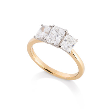 Image of a Radiant Cut 1.57ct Diamond Three Stone Ring in yellow gold and platinum