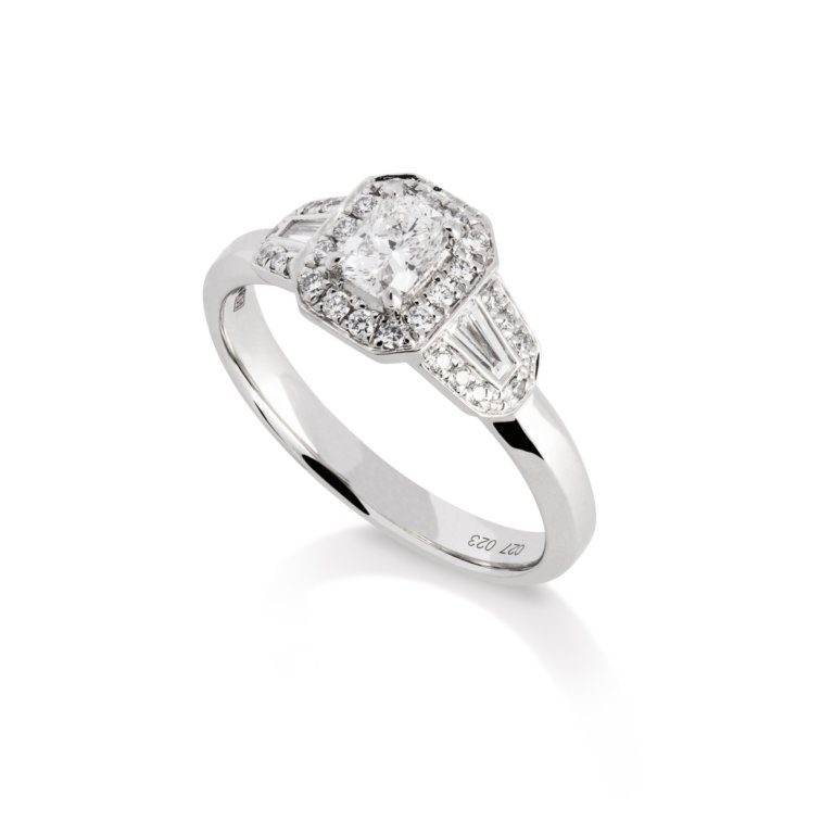 Image of a Phoenix Cut Diamond 0.27ct Art Deco Style Halo Ring in platinum