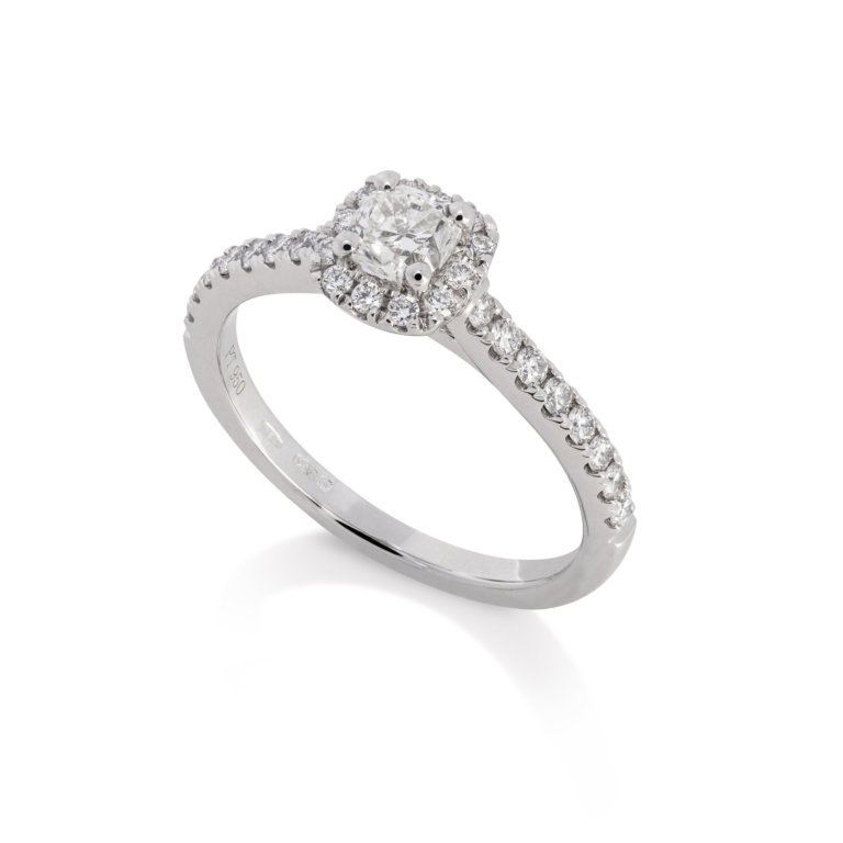 Image of a cushion Cut 0.43ct Diamond Halo Ring in platinum