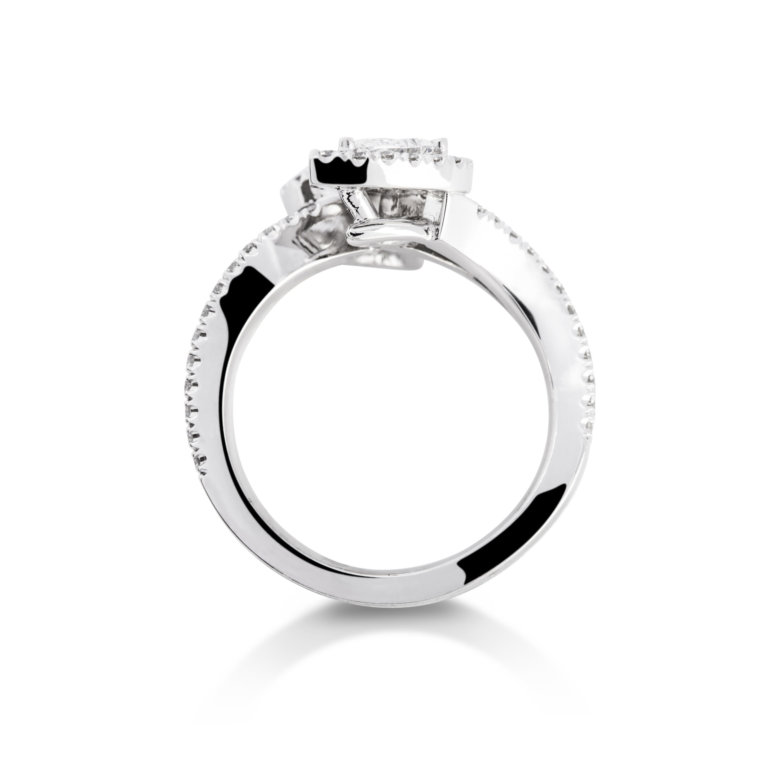 Image of a Pear and Brilliant Cut Diamond Halo Crossover Ring in platinum