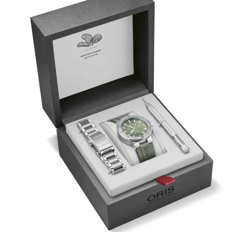 Image of Oris New York Harbor Limited Edition watch with additional metal strap in presentation box