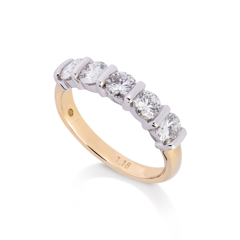 Image of a Brilliant Cut 1.18ct Diamond Bar-Set Five Stone Ring in yellow and white gold