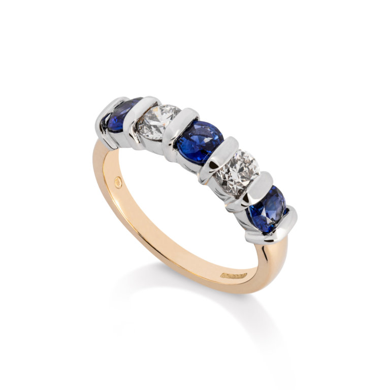 Image of a Sapphire and Diamond Five Stone Bar Set Ring in yellow and white gold