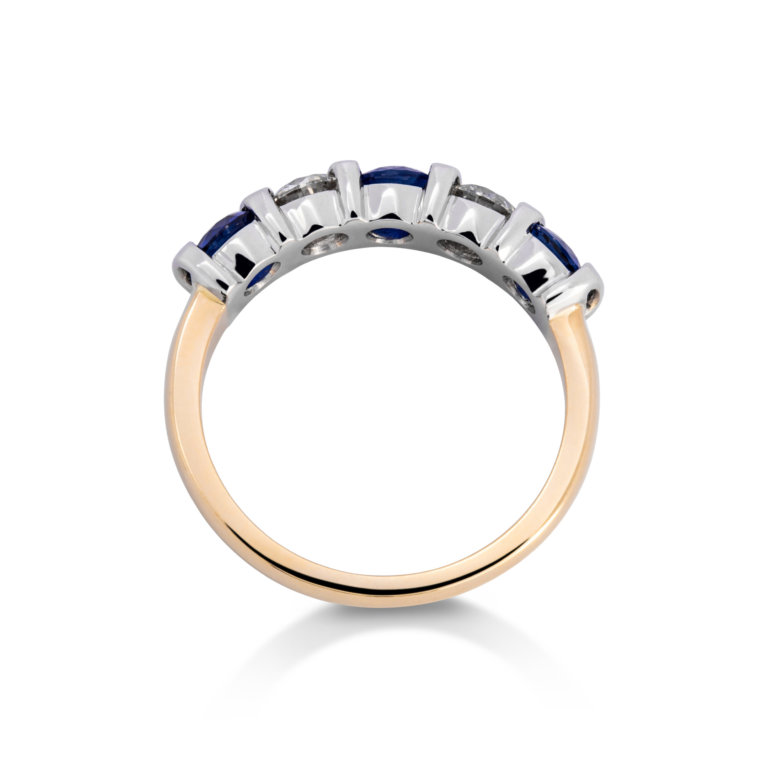 Image of a Sapphire and Diamond Five Stone Bar Set Ring in yellow and white gold