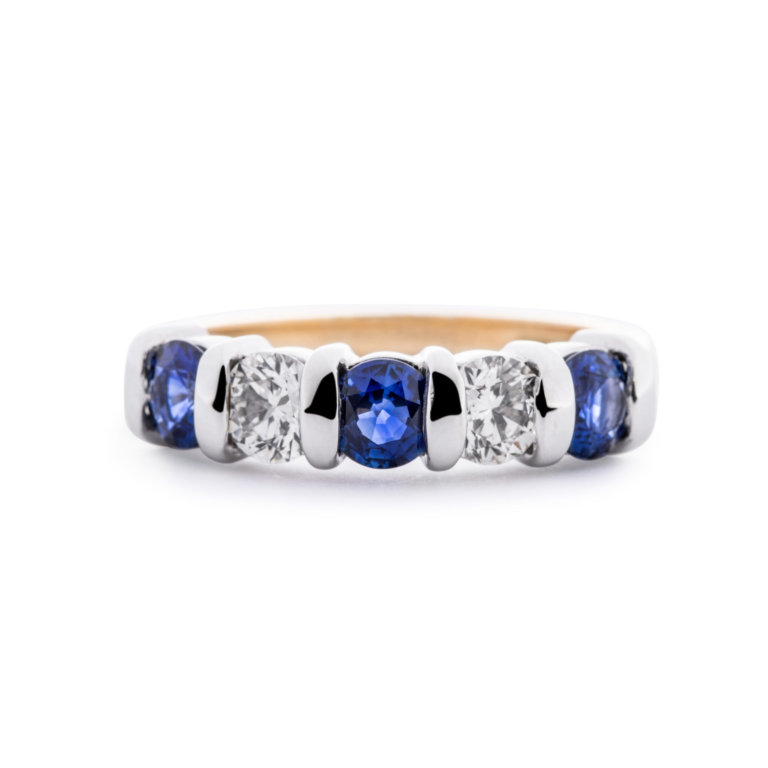 Image of a Sapphire and Diamond Five Stone Bar Set Ring in yellow and white gold