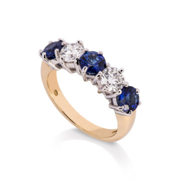 Image of a Sapphire and Diamond Five Stone Ring in yellow and white gold