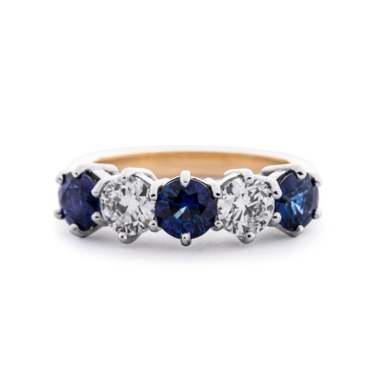 Image of a Sapphire and Diamond Five Stone Ring in yellow and white gold