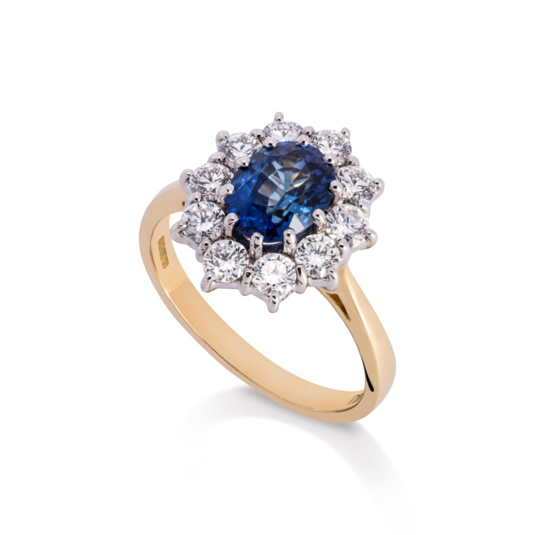 Image of a Sapphire and Diamond Classic Oval Cluster Ring in yellow and white gold
