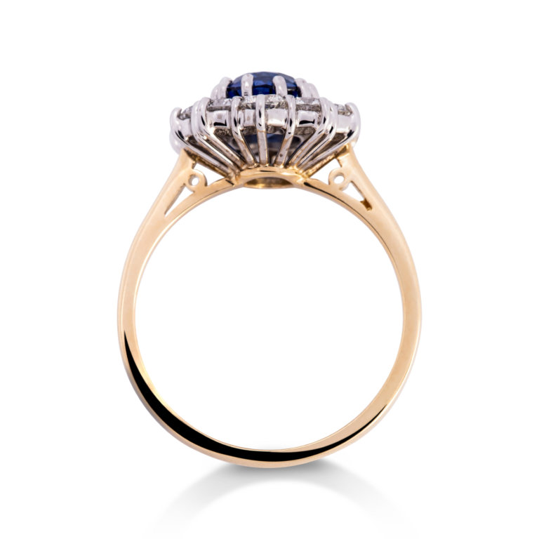 Image of a Sapphire and Diamond Classic Oval Cluster Ring in yellow and white gold