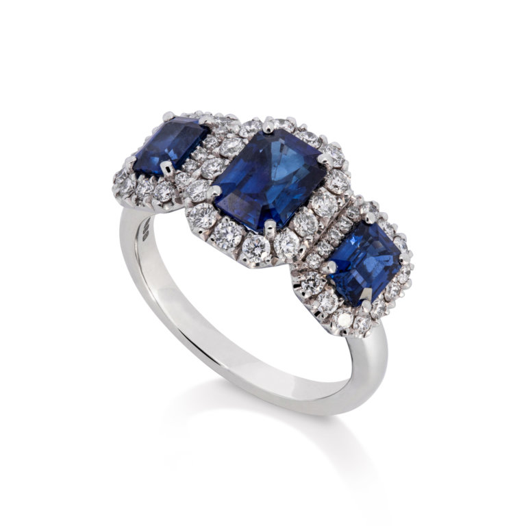Image of a sapphire and Diamond Triple Halo Ring in platinum