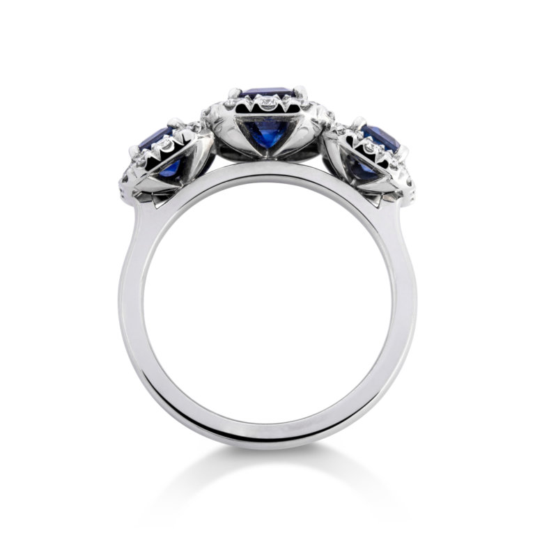 Image of a sapphire and Diamond Triple Halo Ring in platinum