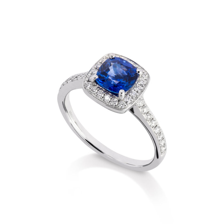 Image of a sapphire and Diamond Cushion Halo Ring in white gold