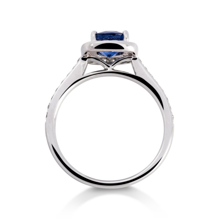 Image of a Sapphire and Diamond Cushion Halo Ring in white gold