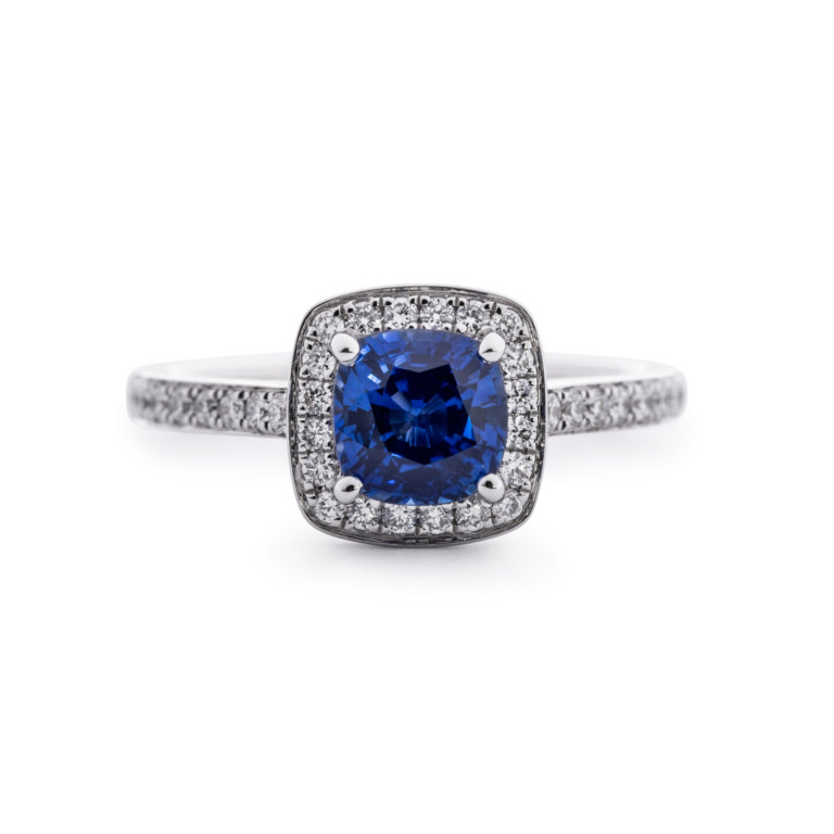 Image of a Sapphire and Diamond Cushion Halo Ring in white gold