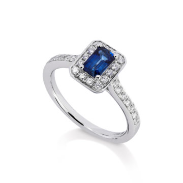Image of a sapphire and Diamond Triple Halo Ring in platinum