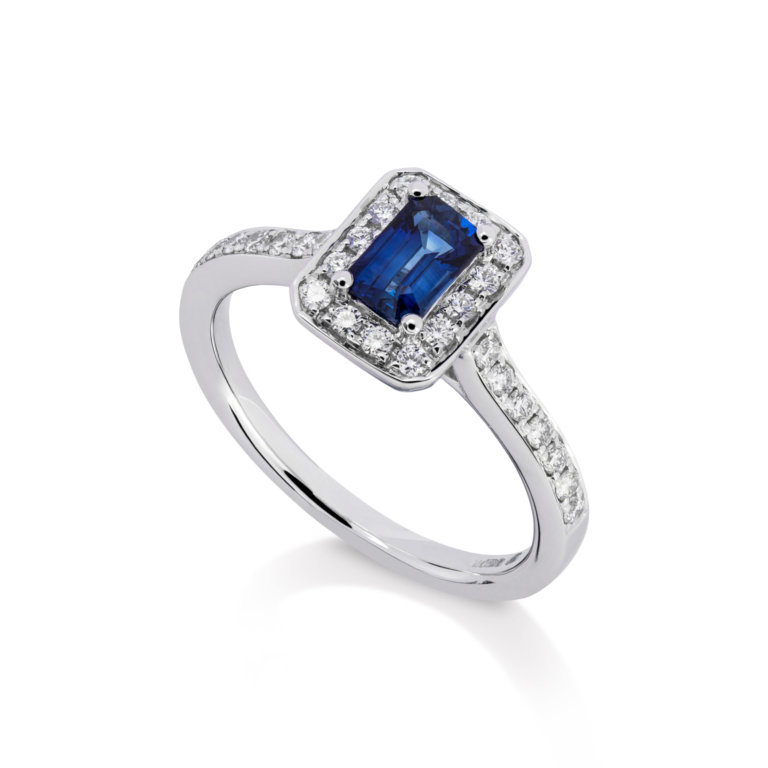 Image of a sapphire and Diamond Triple Halo Ring in platinum