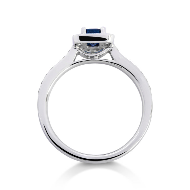 Image of a sapphire and Diamond Rectangular Halo Ring in white gold