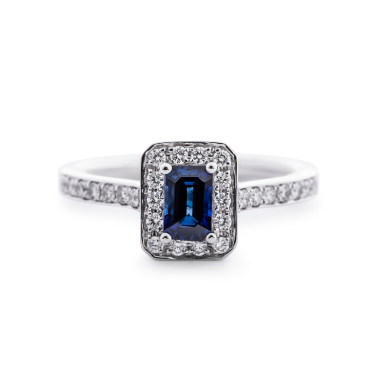 Image of a Sapphire and Diamond Rectangular Halo Ring in white gold