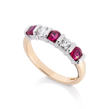 Image of a ruby and Diamond Five Stone Bar Set Ring in yellow and white gold