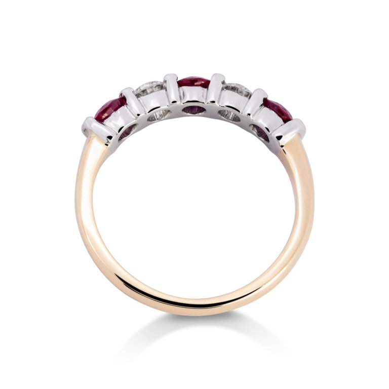 Image of a Ruby and Diamond Five Stone Bar Set Ring in yellow and white gold