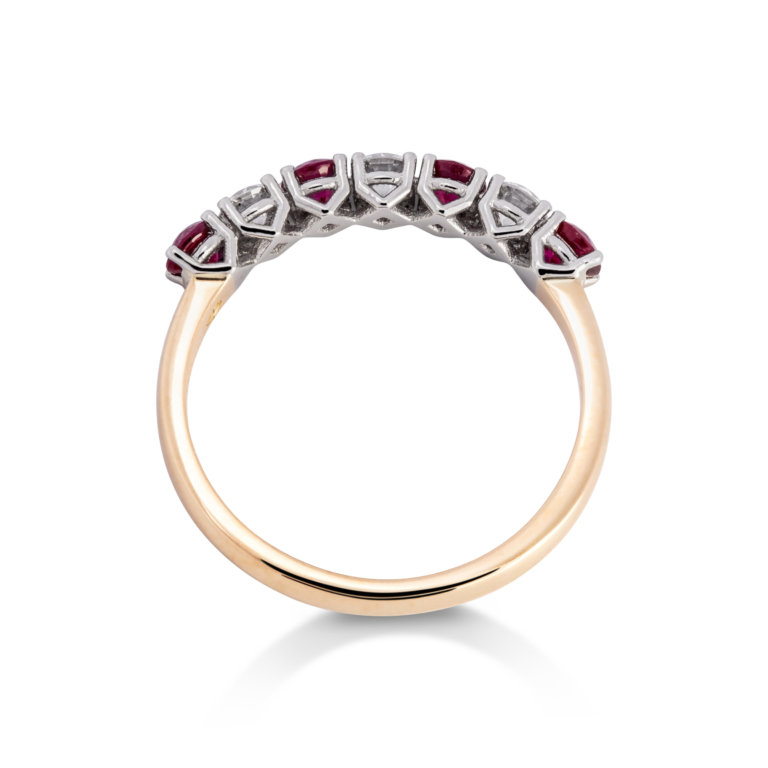 Image of a Ruby and Diamond Claw Set Eternity Ring in yellow gold and platinum