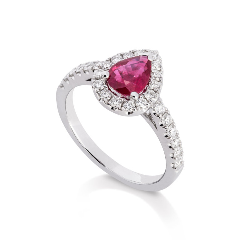 Image of a Ruby and Diamond Pear Halo Ring in white gold