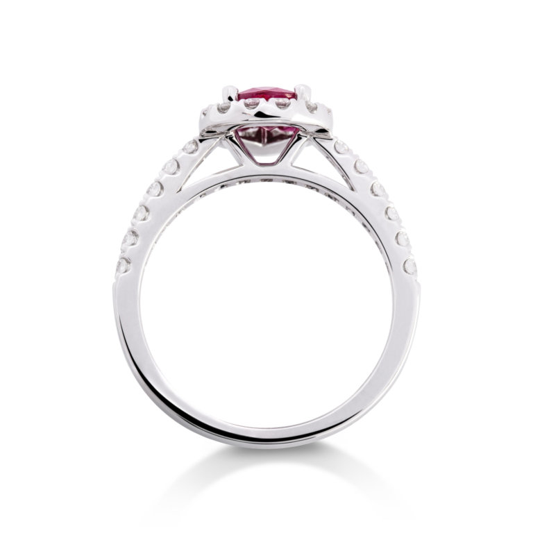 Image of a Ruby and Diamond Pear Halo Ring in white gold