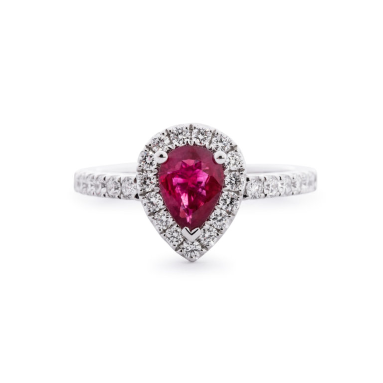 Image of a Ruby and Diamond Pear Halo Ring in white gold