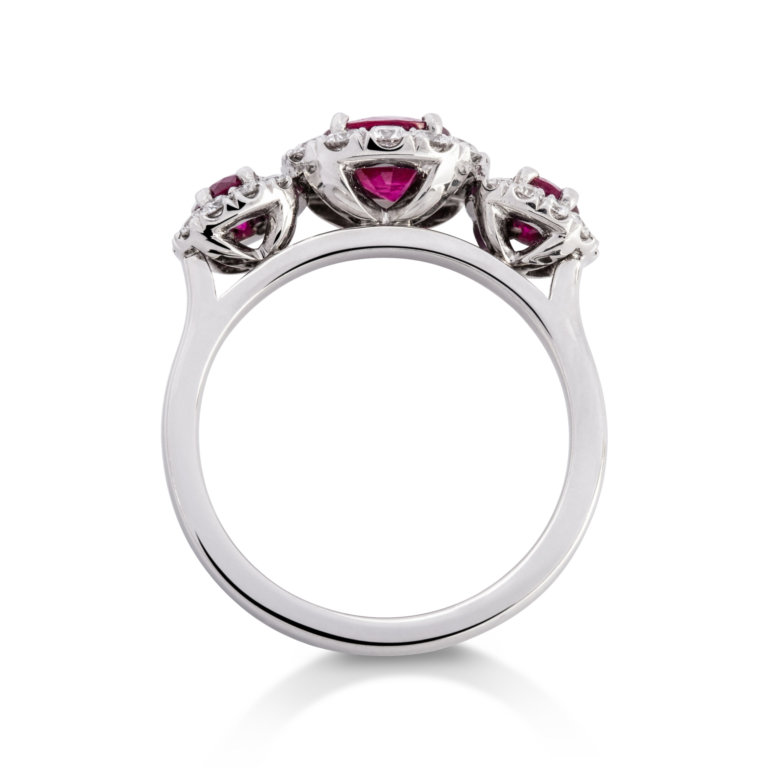 Image of a Ruby and Diamond Triple Halo Ring in platinum