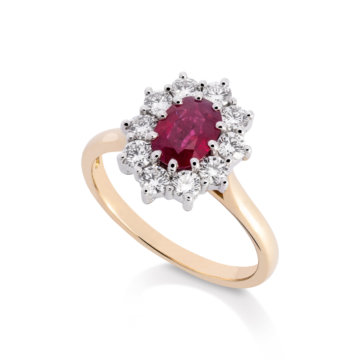 Image of a ruby and Diamond Classic Oval Cluster Ring in yellow gold