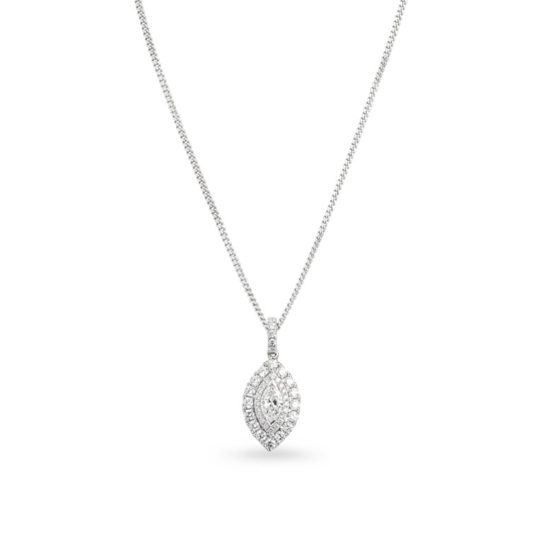 Image of a Marquise and Brilliant Cut Diamond Halo Pendant in white gold