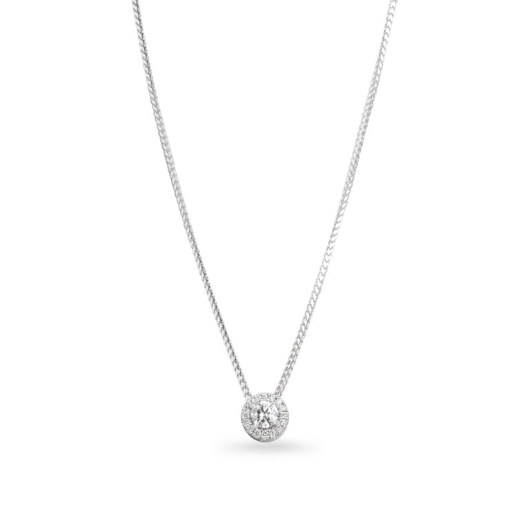 Image of a Round Brilliant Cut Diamond Halo Pendant in white gold