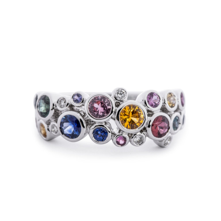 Image of a Rainbow Sapphire and Diamond Scatter Ring in white gold
