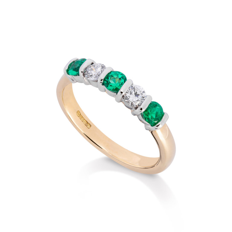 Image of an Emerald and Diamond Five Stone Bar Set Ring in white and yellow gold