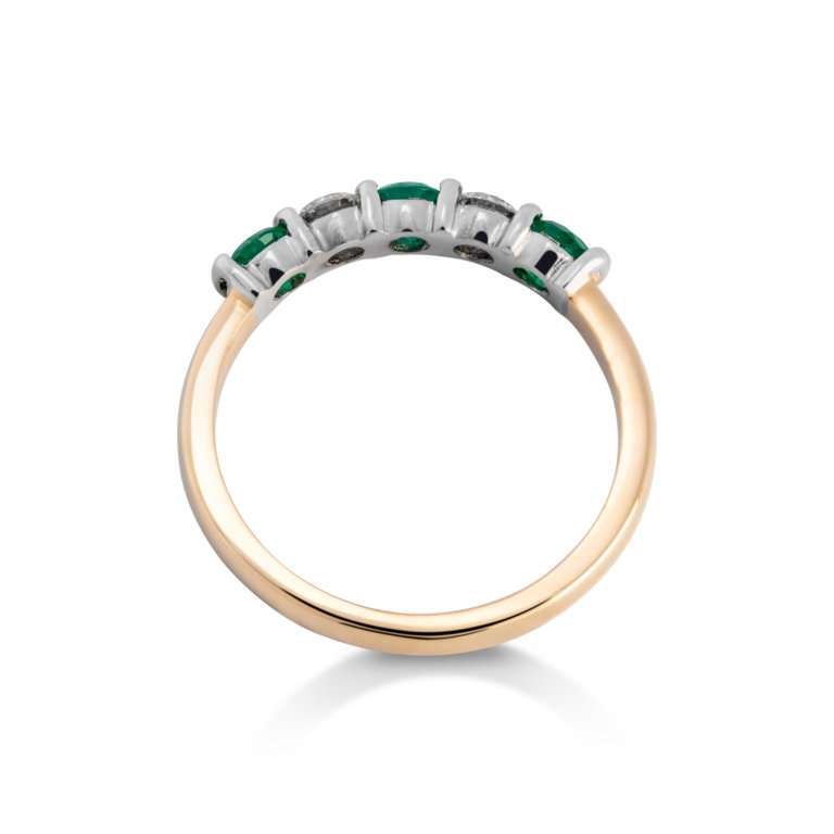 Image of an Emerald and Diamond Five Stone Bar Set Ring in white and yellow gold