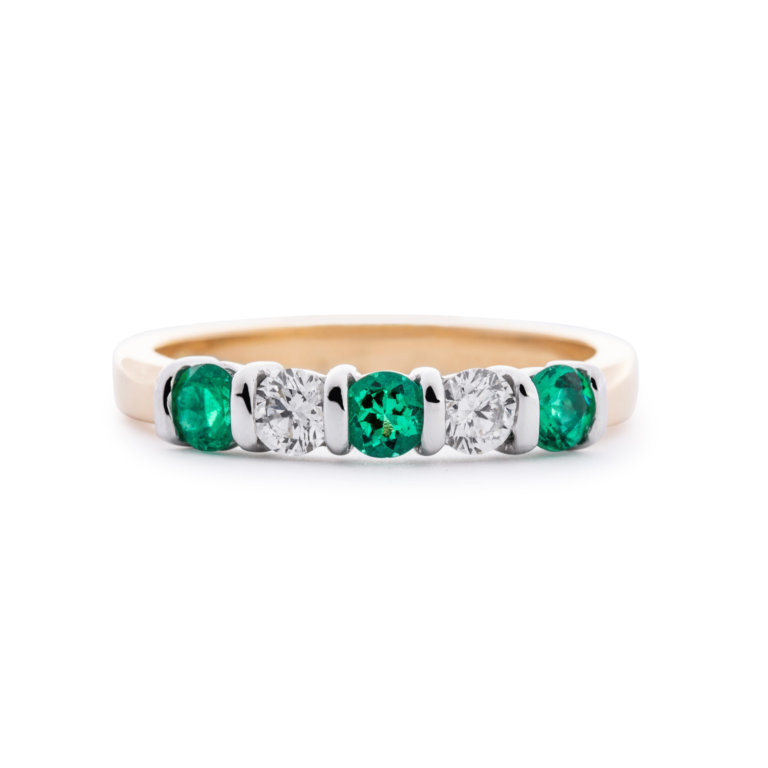 Image of an Emerald and Diamond Five Stone Bar Set Ring in white and yellow gold