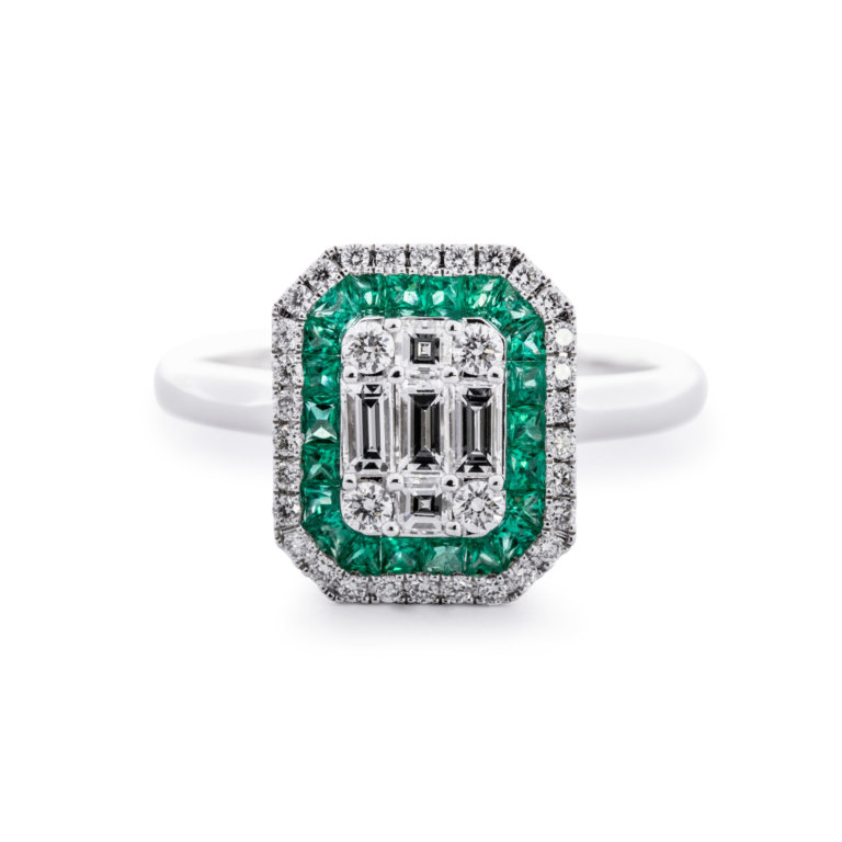 Image of an Emerald and Diamond Rectangular Cluster Ring set in white gold