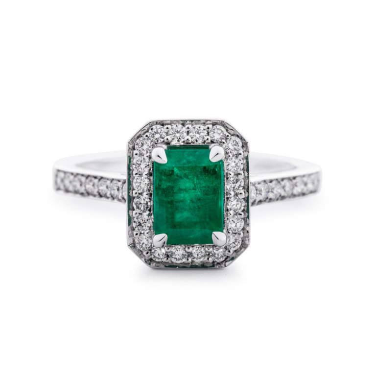 Image of an Emerald and Diamond Rectangular Halo Ring set in white gold