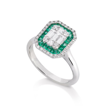 Image of an emerald and Diamond Rectangular Cluster Ring set in white gold