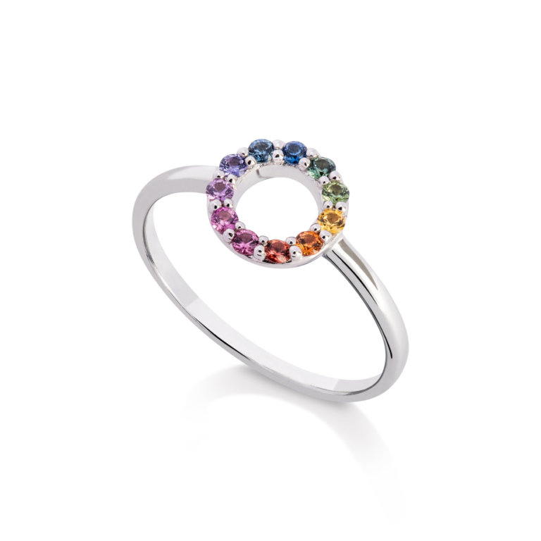 Image of a rainbow Sapphire Circle Ring in white gold