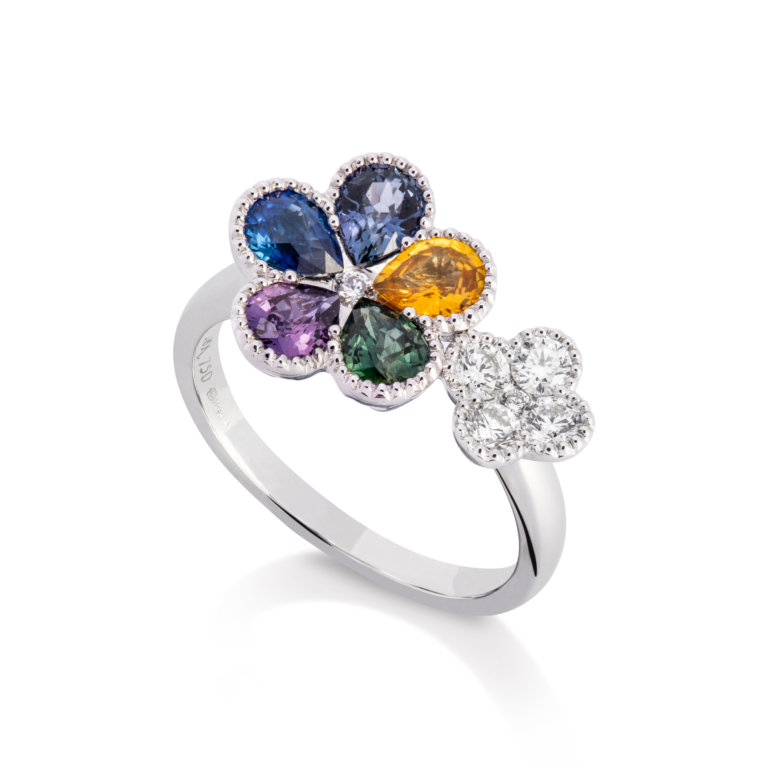 Image of a rainbow Sapphire and Diamond Double Cluster Ring