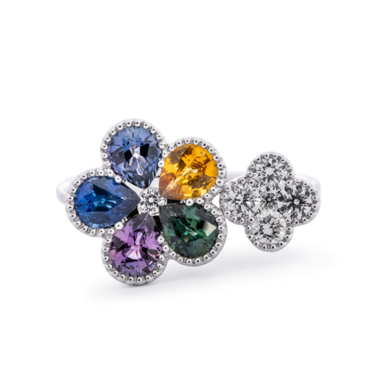 Image of a Rainbow Sapphire and Diamond Double Cluster Ring